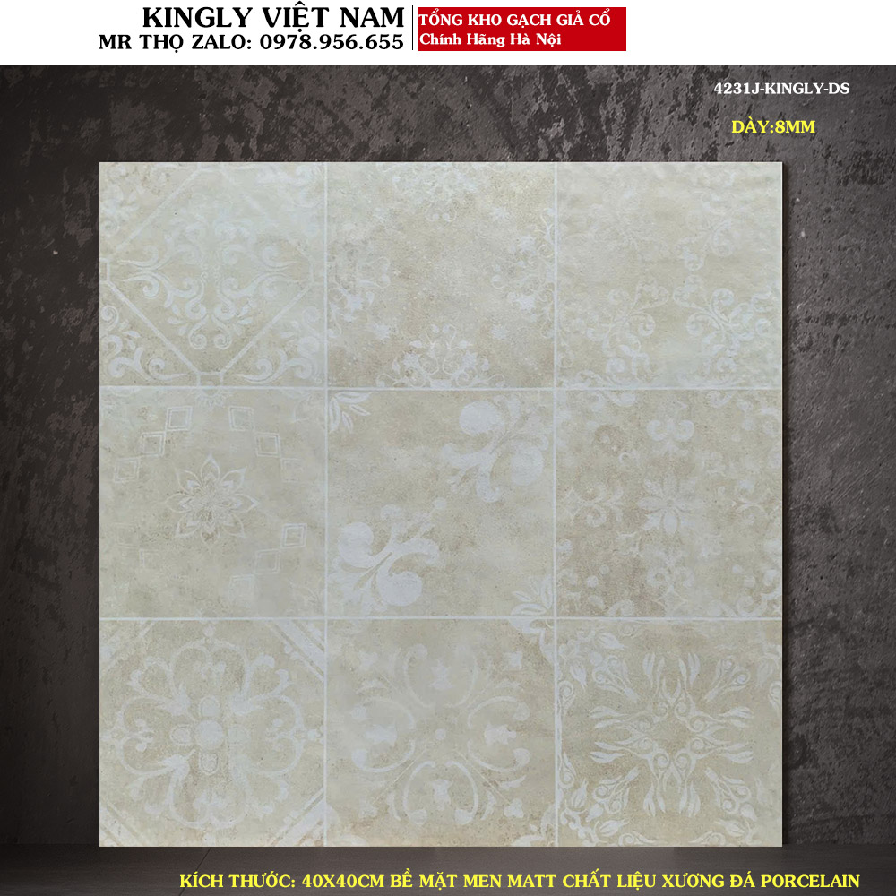 Gạch lát nền giả cổ lát nền 40x40 màu vàng đất nhạt 4231J